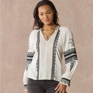 Sundance Azucena Boho Peasant Embroidered Cotton Blouse Top Medium White Black